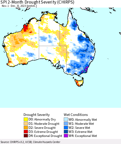 Australia SPI 2-Month Drought Severity (CHIRPS) Thematic Map For 11/1/2023 - 12/31/2023