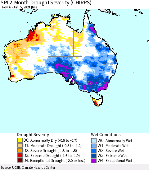 Australia SPI 2-Month Drought Severity (CHIRPS) Thematic Map For 11/6/2023 - 1/5/2024