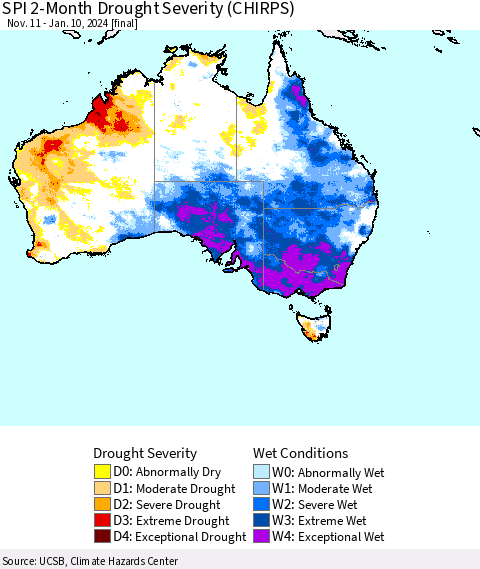 Australia SPI 2-Month Drought Severity (CHIRPS) Thematic Map For 11/11/2023 - 1/10/2024