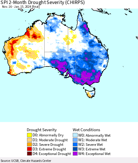 Australia SPI 2-Month Drought Severity (CHIRPS) Thematic Map For 11/16/2023 - 1/15/2024