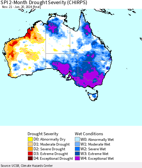 Australia SPI 2-Month Drought Severity (CHIRPS) Thematic Map For 11/21/2023 - 1/20/2024
