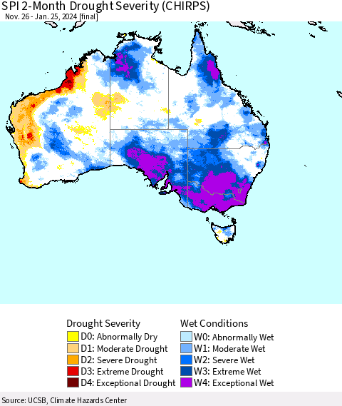 Australia SPI 2-Month Drought Severity (CHIRPS) Thematic Map For 11/26/2023 - 1/25/2024