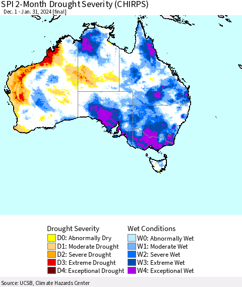 Australia SPI 2-Month Drought Severity (CHIRPS) Thematic Map For 12/1/2023 - 1/31/2024