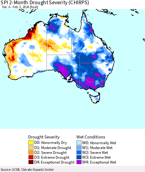 Australia SPI 2-Month Drought Severity (CHIRPS) Thematic Map For 12/6/2023 - 2/5/2024