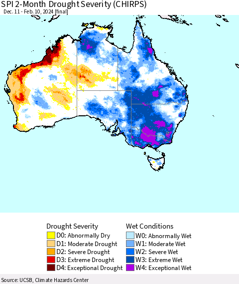 Australia SPI 2-Month Drought Severity (CHIRPS) Thematic Map For 12/11/2023 - 2/10/2024