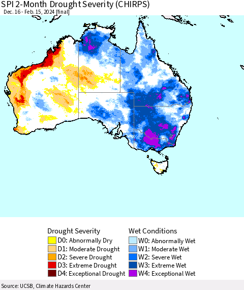 Australia SPI 2-Month Drought Severity (CHIRPS) Thematic Map For 12/16/2023 - 2/15/2024