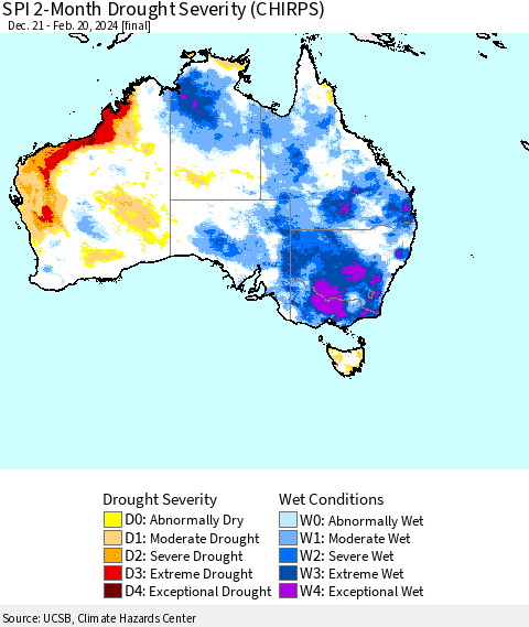 Australia SPI 2-Month Drought Severity (CHIRPS) Thematic Map For 12/21/2023 - 2/20/2024