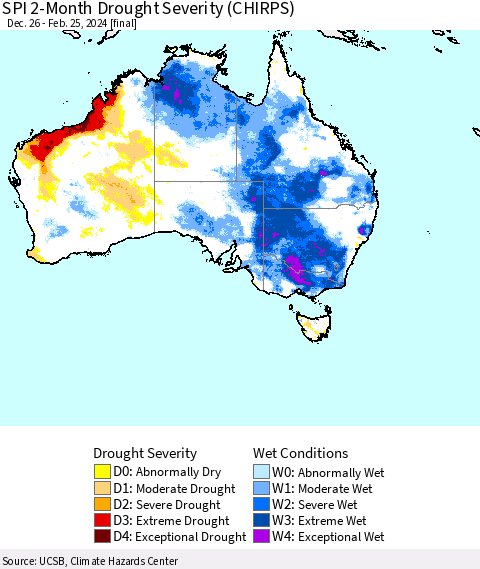 Australia SPI 2-Month Drought Severity (CHIRPS) Thematic Map For 12/26/2023 - 2/25/2024
