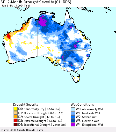 Australia SPI 2-Month Drought Severity (CHIRPS) Thematic Map For 1/6/2024 - 3/5/2024