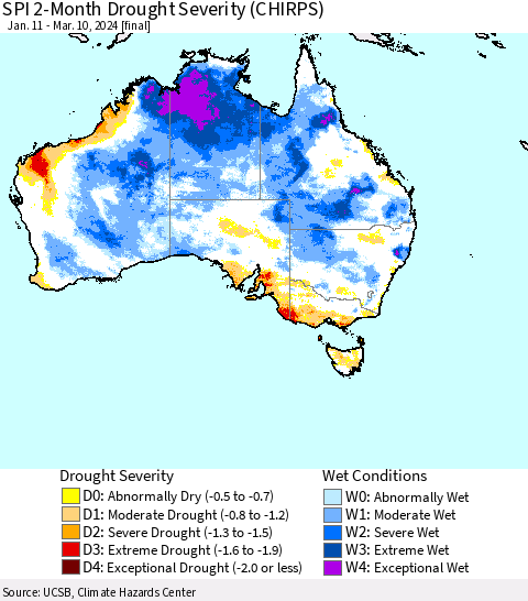 Australia SPI 2-Month Drought Severity (CHIRPS) Thematic Map For 1/11/2024 - 3/10/2024