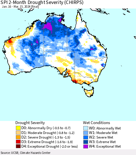 Australia SPI 2-Month Drought Severity (CHIRPS) Thematic Map For 1/16/2024 - 3/15/2024