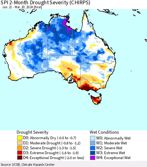 Australia SPI 2-Month Drought Severity (CHIRPS) Thematic Map For 1/21/2024 - 3/20/2024