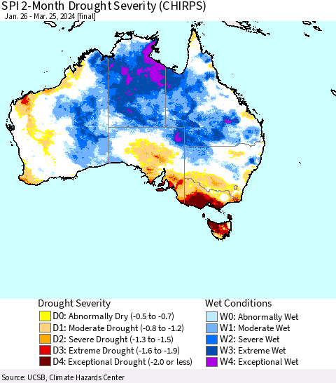 Australia SPI 2-Month Drought Severity (CHIRPS) Thematic Map For 1/26/2024 - 3/25/2024