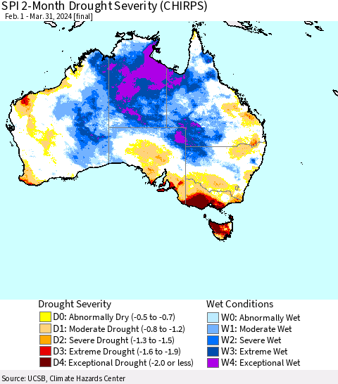Australia SPI 2-Month Drought Severity (CHIRPS) Thematic Map For 2/1/2024 - 3/31/2024