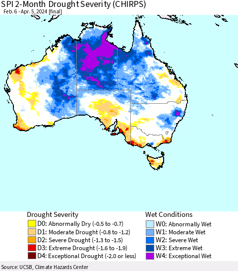 Australia SPI 2-Month Drought Severity (CHIRPS) Thematic Map For 2/6/2024 - 4/5/2024