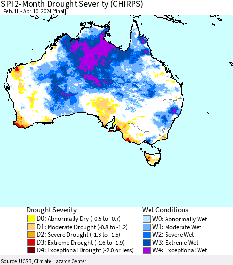 Australia SPI 2-Month Drought Severity (CHIRPS) Thematic Map For 2/11/2024 - 4/10/2024