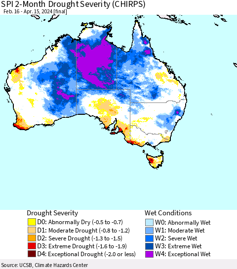 Australia SPI 2-Month Drought Severity (CHIRPS) Thematic Map For 2/16/2024 - 4/15/2024