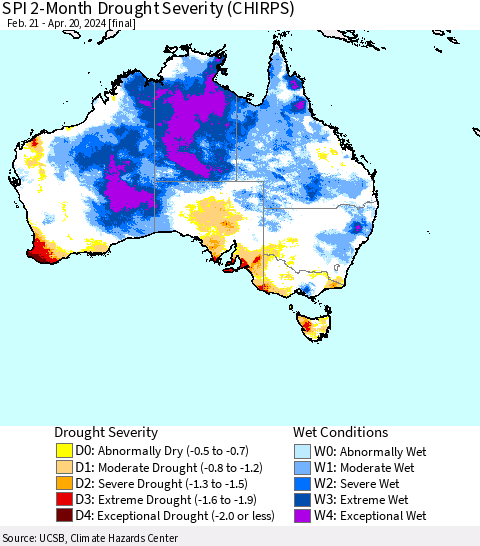 Australia SPI 2-Month Drought Severity (CHIRPS) Thematic Map For 2/21/2024 - 4/20/2024