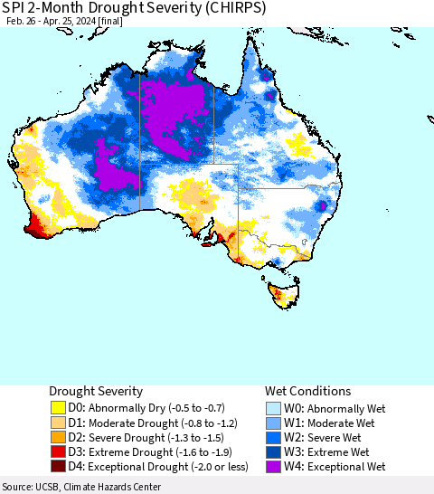 Australia SPI 2-Month Drought Severity (CHIRPS) Thematic Map For 2/26/2024 - 4/25/2024