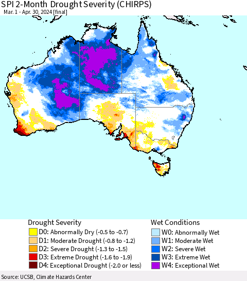 Australia SPI 2-Month Drought Severity (CHIRPS) Thematic Map For 3/1/2024 - 4/30/2024