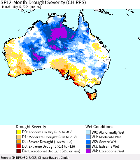 Australia SPI 2-Month Drought Severity (CHIRPS) Thematic Map For 3/6/2024 - 5/5/2024