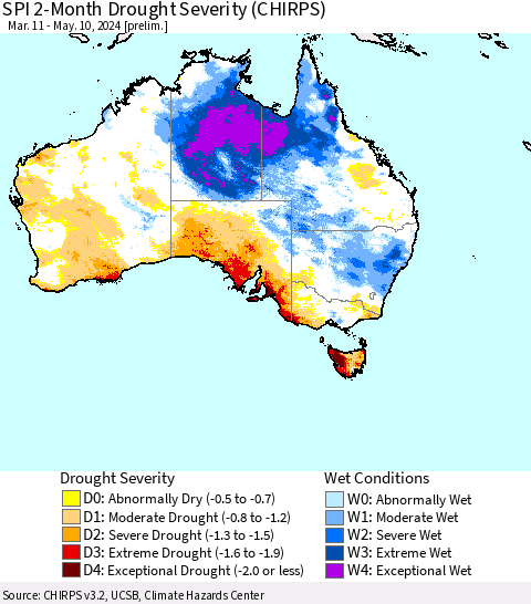 Australia SPI 2-Month Drought Severity (CHIRPS) Thematic Map For 3/11/2024 - 5/10/2024