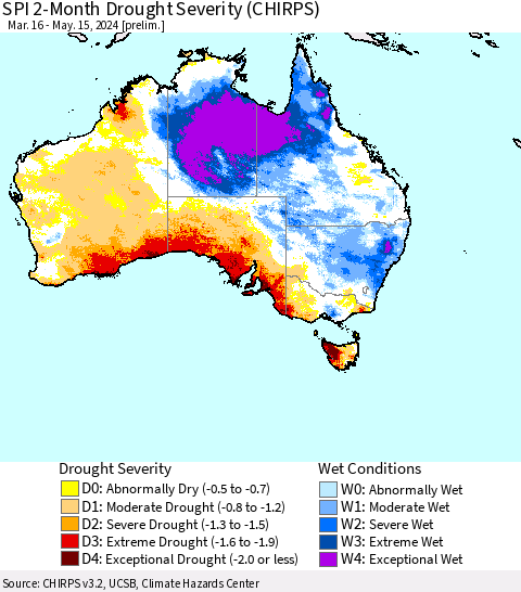 Australia SPI 2-Month Drought Severity (CHIRPS) Thematic Map For 3/16/2024 - 5/15/2024