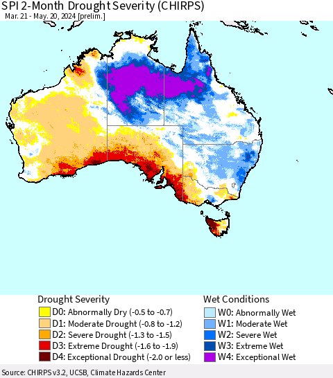 Australia SPI 2-Month Drought Severity (CHIRPS) Thematic Map For 3/21/2024 - 5/20/2024