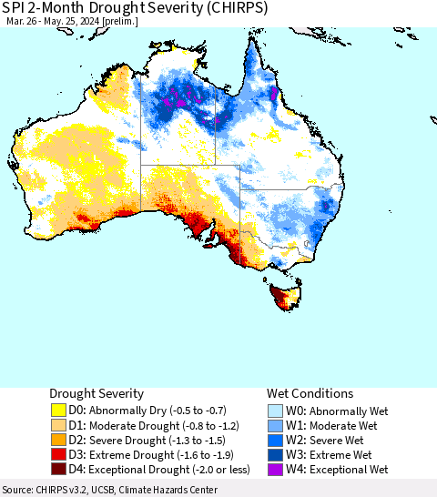 Australia SPI 2-Month Drought Severity (CHIRPS) Thematic Map For 3/26/2024 - 5/25/2024