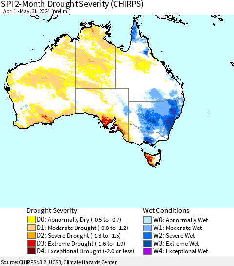 Australia SPI 2-Month Drought Severity (CHIRPS) Thematic Map For 4/1/2024 - 5/31/2024