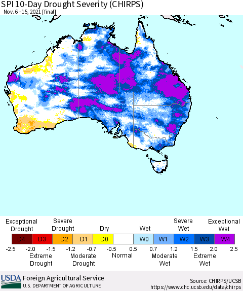 Australia SPI 10-Day Drought Severity (CHIRPS) Thematic Map For 11/6/2021 - 11/15/2021
