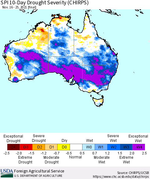 Australia SPI 10-Day Drought Severity (CHIRPS) Thematic Map For 11/16/2021 - 11/25/2021