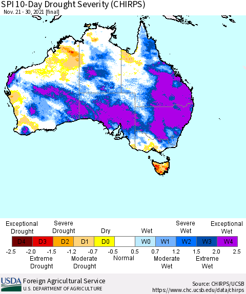 Australia SPI 10-Day Drought Severity (CHIRPS) Thematic Map For 11/21/2021 - 11/30/2021