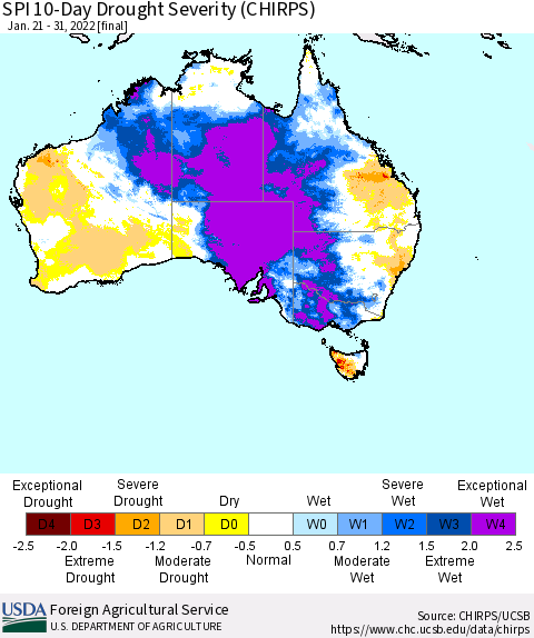 Australia SPI 10-Day Drought Severity (CHIRPS) Thematic Map For 1/21/2022 - 1/31/2022