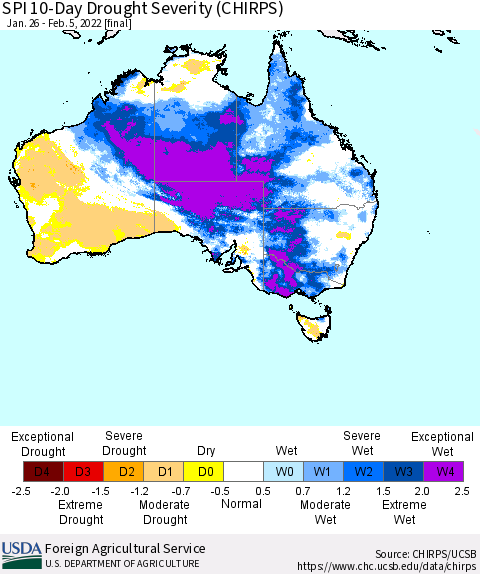 Australia SPI 10-Day Drought Severity (CHIRPS) Thematic Map For 1/26/2022 - 2/5/2022
