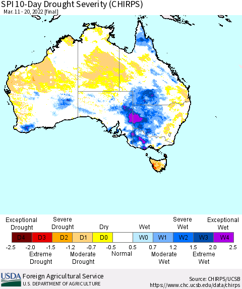 Australia SPI 10-Day Drought Severity (CHIRPS) Thematic Map For 3/11/2022 - 3/20/2022