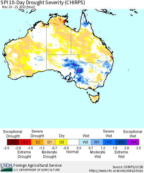 Australia SPI 10-Day Drought Severity (CHIRPS) Thematic Map For 3/16/2022 - 3/25/2022