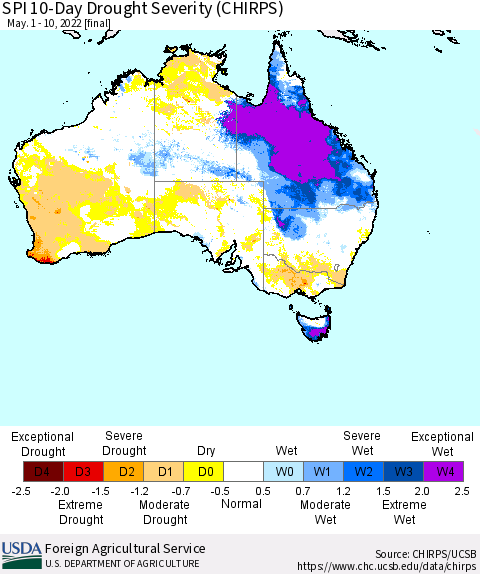 Australia SPI 10-Day Drought Severity (CHIRPS) Thematic Map For 5/1/2022 - 5/10/2022