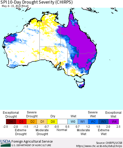 Australia SPI 10-Day Drought Severity (CHIRPS) Thematic Map For 5/6/2022 - 5/15/2022