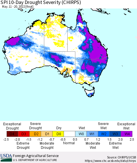 Australia SPI 10-Day Drought Severity (CHIRPS) Thematic Map For 5/11/2022 - 5/20/2022