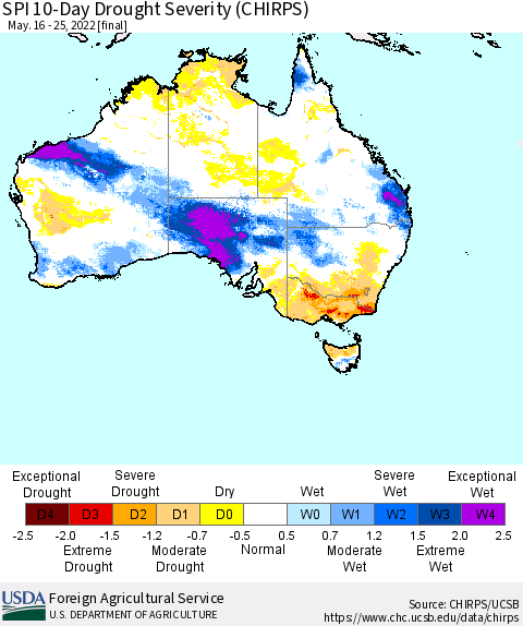 Australia SPI 10-Day Drought Severity (CHIRPS) Thematic Map For 5/16/2022 - 5/25/2022
