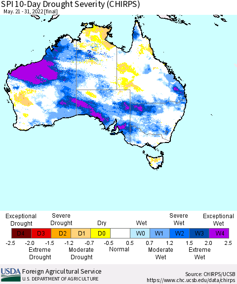 Australia SPI 10-Day Drought Severity (CHIRPS) Thematic Map For 5/21/2022 - 5/31/2022