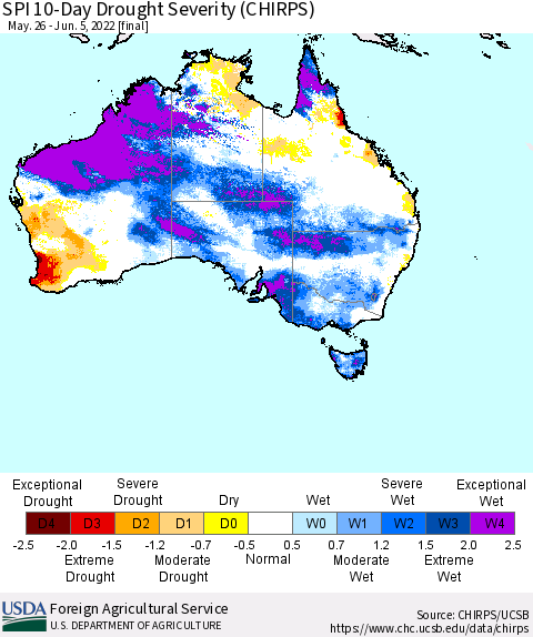 Australia SPI 10-Day Drought Severity (CHIRPS) Thematic Map For 5/26/2022 - 6/5/2022