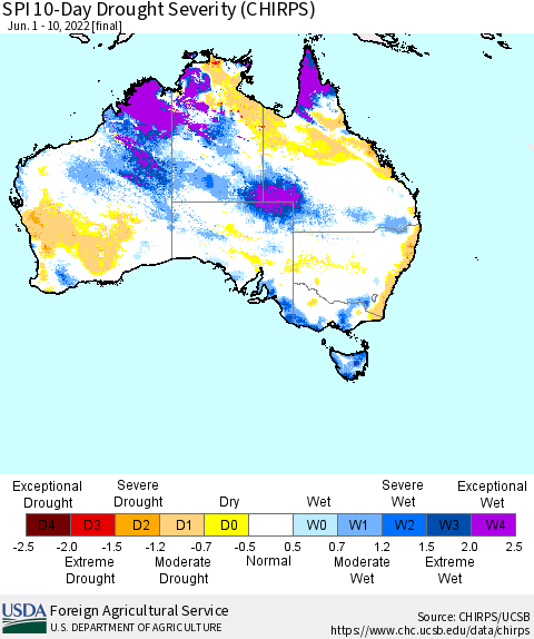 Australia SPI 10-Day Drought Severity (CHIRPS) Thematic Map For 6/1/2022 - 6/10/2022