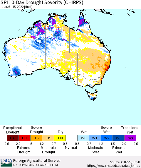 Australia SPI 10-Day Drought Severity (CHIRPS) Thematic Map For 6/6/2022 - 6/15/2022