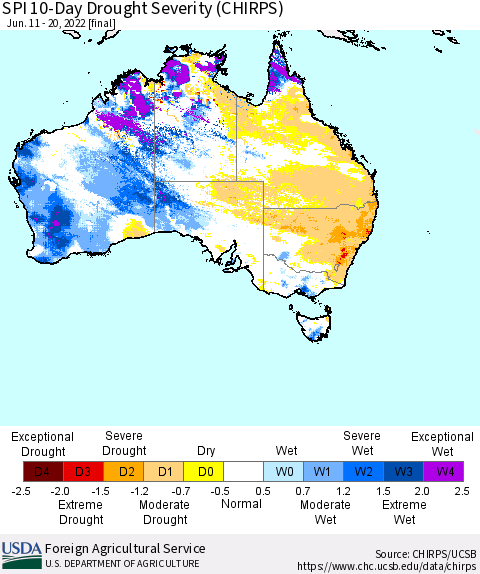 Australia SPI 10-Day Drought Severity (CHIRPS) Thematic Map For 6/11/2022 - 6/20/2022