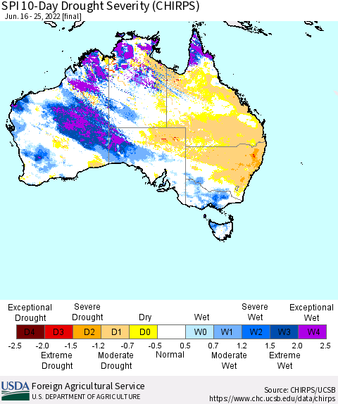 Australia SPI 10-Day Drought Severity (CHIRPS) Thematic Map For 6/16/2022 - 6/25/2022