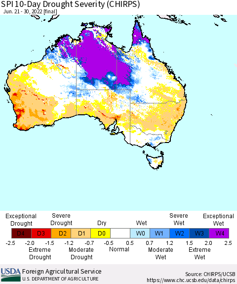 Australia SPI 10-Day Drought Severity (CHIRPS) Thematic Map For 6/21/2022 - 6/30/2022