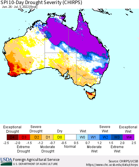 Australia SPI 10-Day Drought Severity (CHIRPS) Thematic Map For 6/26/2022 - 7/5/2022