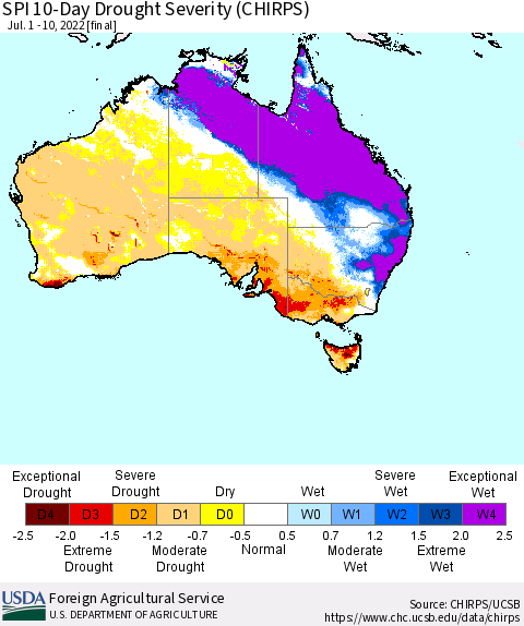 Australia SPI 10-Day Drought Severity (CHIRPS) Thematic Map For 7/1/2022 - 7/10/2022